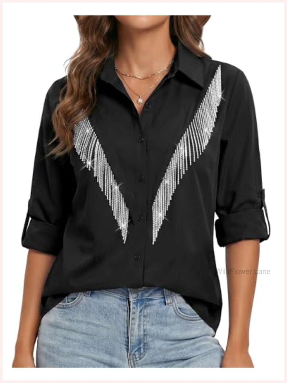 Women's Sparkly Fringe Western Shirt Rolled 3/4 Sleeve Button Down Concert Top